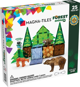 Magna-Tiles Forest Animals 25 Pieces DIY kit featuring colorful magnetic tiles shaped like trees and various forest animals including a bear, raccoon, deer, and owl. The set emphasizes movable parts and is designed for creative play, suitable for ages 3 and up.