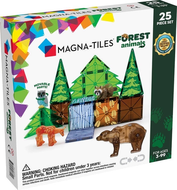 Magna-Tiles Forest Animals 25 Pieces DIY kit featuring colorful magnetic tiles shaped like trees and various forest animals including a bear, raccoon, deer, and owl. The set emphasizes movable parts and is designed for creative play, suitable for ages 3 and up.