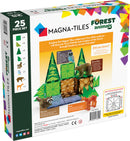 Magna-Tiles Forest Animals 25 Piece Set features vibrant green trees and colorful animal figures like a raccoon, brown bear, and deer. The packaging shows engaging illustrations and educational tips about forest wildlife, ideal for hands-on play and exploration.