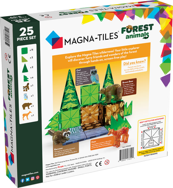 Magna-Tiles Forest Animals 25 Piece Set features vibrant green trees and colorful animal figures like a raccoon, brown bear, and deer. The packaging shows engaging illustrations and educational tips about forest wildlife, ideal for hands-on play and exploration.