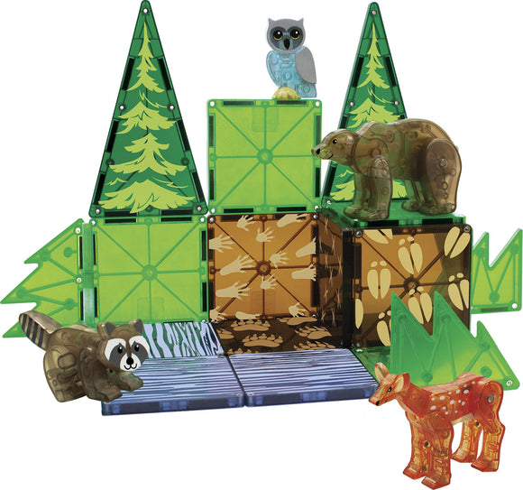 The Forest Animals DIY kit by Magna Tiles features 25 colorful transparent and opaque pieces shaped like trees and forest animals, including a raccoon, bear, owl, and deer. This engaging kit encourages creative play as users can assemble their own forest scene or structures, promoting imaginative building and tactile learning.