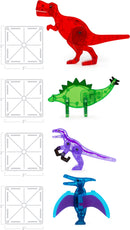 Magna Tiles Dino World 40 Piece Set featuring colorful, transparent dinosaur figures including a red T-Rex, green stegosaurus, purple velociraptor, and blue pterodactyl. Each figure connects with others and encourages creative play and STEM learning. The set includes square tiles with clear outlines for building.