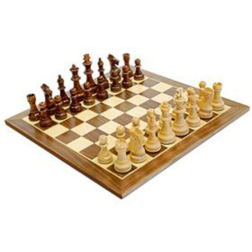 A beautifully crafted 15-inch chess set featuring a classic wooden board with alternating light and dark squares. The set includes elegantly designed pieces made of high-quality wood, showcasing intricate details. The kings stand 3.75 inches tall, lending a sophisticated touch to this timeless game. Perfect for both novice and experienced players.
