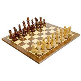 A beautifully crafted 15-inch chess set featuring a classic wooden board with alternating light and dark squares. The set includes elegantly designed pieces made of high-quality wood, showcasing intricate details. The kings stand 3.75 inches tall, lending a sophisticated touch to this timeless game. Perfect for both novice and experienced players.