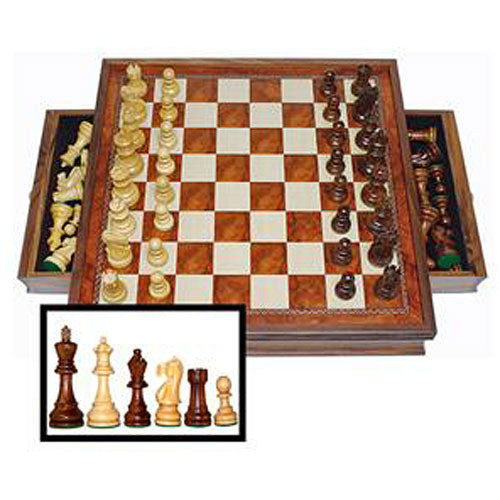 A Grand English Style Chess Set featuring a beautifully crafted wooden board with alternating light and dark squares. The set includes intricately designed chess pieces in light and dark wood, arranged for play. The board has two storage drawers for piece organization, ensuring convenience and elegance in storage.