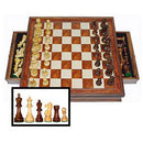 A Grand English Style Chess Set featuring a beautifully crafted wooden board with alternating light and dark squares. The set includes intricately designed chess pieces in light and dark wood, arranged for play. The board has two storage drawers for piece organization, ensuring convenience and elegance in storage.