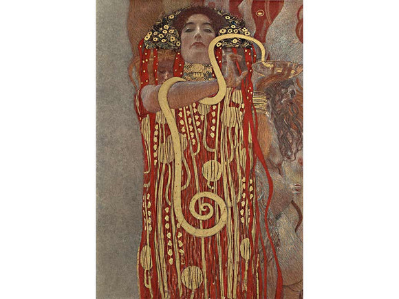 Artistic depiction of a figure with intricate jewelry and patterns, from a classical Klimt painting.
