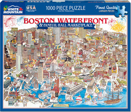 Boston Waterfront jigsaw puzzle featuring a colorful illustration of the Boston waterfront and Faneuil Hall Marketplace. The detailed image includes iconic buildings, boats, and festive elements, designed with 1000 pieces for a challenging and engaging puzzle experience. Made by White Mountain Puzzles with larger quality pieces, perfect for puzzle enthusiasts and families.