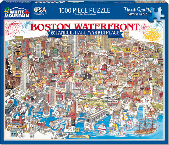 Boston Waterfront jigsaw puzzle featuring a colorful illustration of the Boston waterfront and Faneuil Hall Marketplace. The detailed image includes iconic buildings, boats, and festive elements, designed with 1000 pieces for a challenging and engaging puzzle experience. Made by White Mountain Puzzles with larger quality pieces, perfect for puzzle enthusiasts and families.
