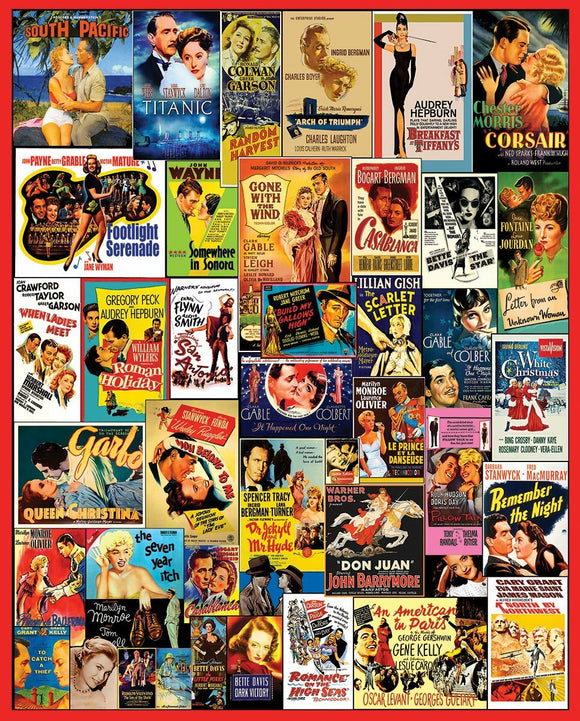 A vibrant collage of classic movie posters featuring iconic films such as Titanic, Casablanca, and Gone With the Wind. The jigsaw puzzle showcases a colorful variety of vintage designs and star-studded cast images, perfect for film enthusiasts and puzzle lovers alike.