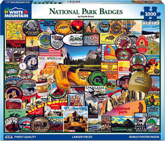 National Park Badges Jigsaw Puzzle featuring colorful badges and emblems from various national parks in the USA. Includes iconic imagery like mountains, trees, and gear, showcasing the beauty of nature and the joy of exploration. The puzzle has 1000 pieces and comes with a bonus poster inside.