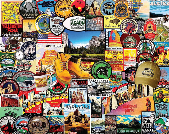 A vibrant jigsaw puzzle featuring colorful National Park badges and patches. The design includes iconic symbols from various parks like Yosemite, Yellowstone, and Acadia, along with images of mountain landscapes, hiking boots, and memorabilia such as mugs and hats. Perfect for nature enthusiasts and puzzle lovers.