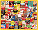 A vibrant and colorful collage of vintage coffee canisters and containers, featuring well-known brands such as Folgers, Dunkin' Donuts, and Eight O'Clock Coffee. The jigsaw puzzle design captures the nostalgic essence of coffee culture with a variety of illustrations and text that celebrate different coffee blends and styles.