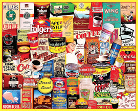 A vibrant and colorful collage of vintage coffee canisters and containers, featuring well-known brands such as Folgers, Dunkin' Donuts, and Eight O'Clock Coffee. The jigsaw puzzle design captures the nostalgic essence of coffee culture with a variety of illustrations and text that celebrate different coffee blends and styles.