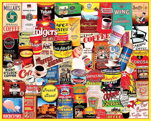 A vibrant and colorful collage of vintage coffee canisters and containers, featuring well-known brands such as Folgers, Dunkin' Donuts, and Eight O'Clock Coffee. The jigsaw puzzle design captures the nostalgic essence of coffee culture with a variety of illustrations and text that celebrate different coffee blends and styles.