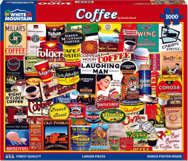 Coffee Jigsaw Puzzle featuring a vibrant collage of vintage coffee advertising labels and brand logos such as Folgers, Dunkin' Donuts, and Seattle's Best. This 1000-piece puzzle by White Mountain Puzzles is perfect for coffee lovers and puzzle enthusiasts alike, providing an engaging activity with a nostalgic touch. Includes a bonus poster inside for reference.