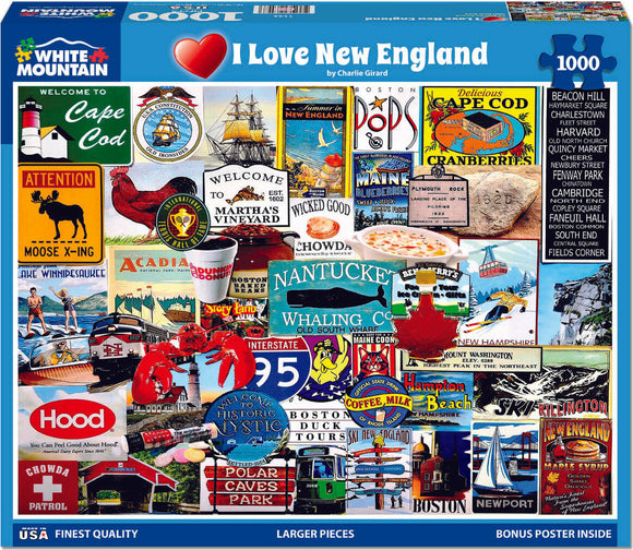 The packaging of the 'I Love New England' jigsaw puzzle by White Mountain Puzzles features a colorful collage of iconic New England imagery, including signs and landmarks from Cape Cod, Martha's Vineyard, and more. The design showcases various local specialties, like lobster and chowder, alongside festive graphics representing the region's culture and history. This 1000-piece puzzle is designed for puzzle enthusiasts who adore the charm of New England.