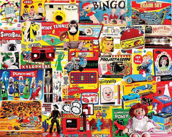 Colorful collage featuring nostalgic toys and games such as a vintage jigsaw puzzle, LEGO, a View-Master, and various action figures. The arrangement showcases an array of classic products, evoking memories of childhood and playtime.