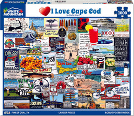 A 1000-piece jigsaw puzzle titled 'I Love Cape Cod' by White Mountain Puzzles. The puzzle features a vibrant collage of vintage signs, attractions, and landmarks from Cape Cod, showcasing its rich culture and scenic beauty. Perfect for puzzle lovers and fans of Cape Cod.