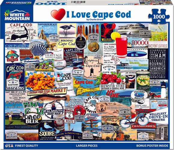 A 1000-piece jigsaw puzzle titled 'I Love Cape Cod' by White Mountain Puzzles. The puzzle features a vibrant collage of vintage signs, attractions, and landmarks from Cape Cod, showcasing its rich culture and scenic beauty. Perfect for puzzle lovers and fans of Cape Cod.