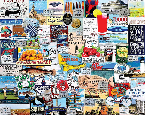 The 'I Love Cape Cod' jigsaw puzzle features a vibrant collage of iconic Cape Cod imagery, including signs, landmarks, and local attractions, beautifully arranged for an engaging puzzle experience.