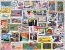 A colorful jigsaw puzzle featuring an eclectic collection of classic stamps from various themes, including aviation, national parks, and historical events. The arrangement showcases vibrant colors and intricate designs, making it an appealing addition to any puzzle lover's collection. Each stamp exhibits unique artistic details that reflect America’s history and culture.