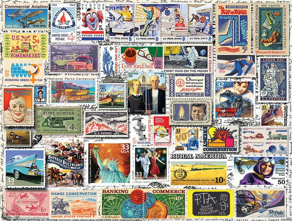 A colorful jigsaw puzzle featuring an eclectic collection of classic stamps from various themes, including aviation, national parks, and historical events. The arrangement showcases vibrant colors and intricate designs, making it an appealing addition to any puzzle lover's collection. Each stamp exhibits unique artistic details that reflect America’s history and culture.