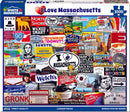A colorful jigsaw puzzle box featuring the title "I Love Massachusetts" by White Mountain Puzzles. The illustration includes iconic symbols, landmarks, and phrases associated with Massachusetts, such as Boston favorites, historical figures, and local delicacies. It showcases a total of 1000 puzzle pieces with a bonus poster inside for reference.