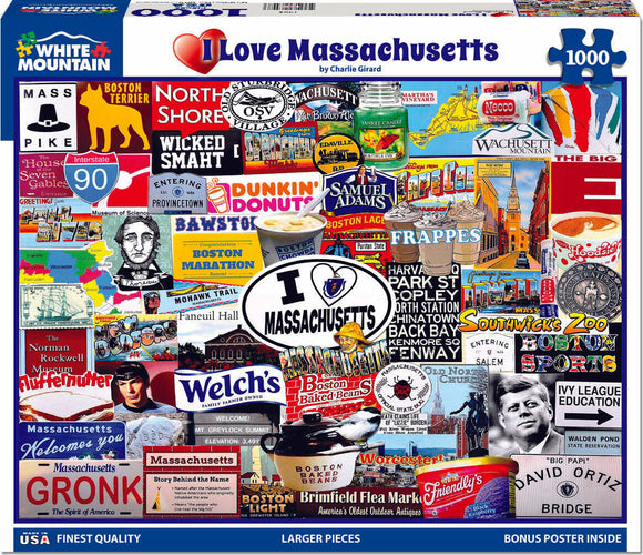 A colorful jigsaw puzzle box featuring the title "I Love Massachusetts" by White Mountain Puzzles. The illustration includes iconic symbols, landmarks, and phrases associated with Massachusetts, such as Boston favorites, historical figures, and local delicacies. It showcases a total of 1000 puzzle pieces with a bonus poster inside for reference.