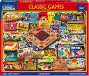 A vibrant jigsaw puzzle featuring a collection of classic board games and card games, highlighted by colorful vintage game boxes. The centerpiece includes a wooden game board, surrounded by iconic games like Bingo, Old Maid, and Snakes in the Grass. Perfect for family entertainment and nostalgia, this 500-piece puzzle offers hours of fun as you piece together beloved games from the past.