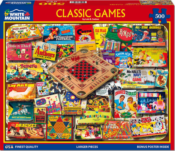 A vibrant jigsaw puzzle featuring a collection of classic board games and card games, highlighted by colorful vintage game boxes. The centerpiece includes a wooden game board, surrounded by iconic games like Bingo, Old Maid, and Snakes in the Grass. Perfect for family entertainment and nostalgia, this 500-piece puzzle offers hours of fun as you piece together beloved games from the past.