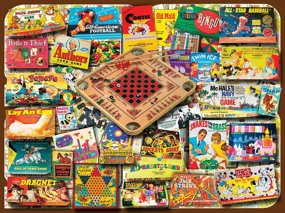 A vibrant collection of classic game boxes, featuring titles such as 'Hide n' Thief,' 'Old Maid,' 'All-Star Baseball,' and 'Authors Card Game.' The jigsaw puzzle showcases a nostalgic assortment of games, with colorful artwork and playful designs that evoke memories of family game nights. The centerpiece includes a wooden game tray with pegs and dice, surrounded by nostalgic card and board games.