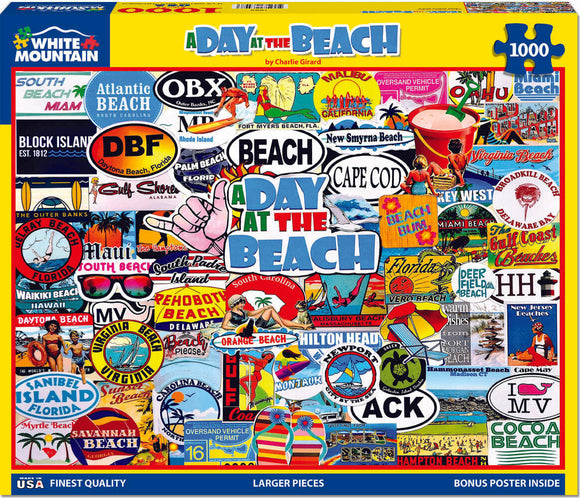 A colorful jigsaw puzzle titled 'A Day at the Beach' by White Mountain Puzzles, featuring nostalgic beach-themed illustrations with signs and logos from various beach locations across the USA. The puzzle consists of 1000 pieces and includes a bonus poster inside.