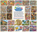 Image showcasing the jigsaw puzzle titled 'A Day at the Beach' by White Mountain Puzzles, featuring a vibrant beach scene filled with colorful beach umbrellas, people playing in the sand, and various beach activities. The puzzle is made with high-quality materials and would appeal to anyone who enjoys assembling picturesque scenes, perfect for family fun or relaxation.