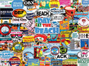 A vibrant collage of colorful beach-themed stickers and logos, featuring phrases like 'A Day at the Beach,' and names of various beach locations such as Miami Beach, Cape Cod, and Virginia Beach. The design showcases a fun, nostalgic atmosphere, capturing the essence of coastal vacations and summer fun.