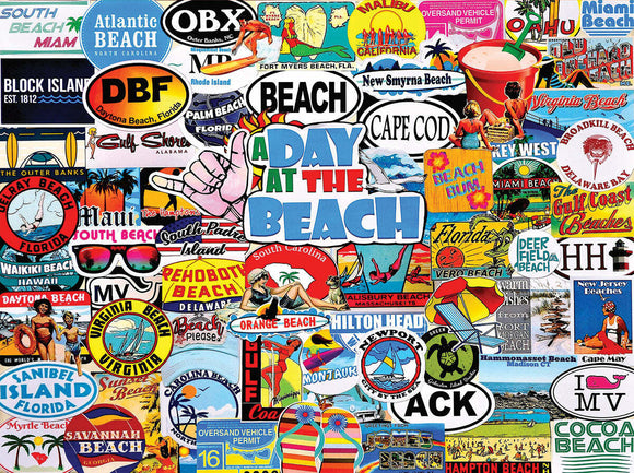 A vibrant collage of colorful beach-themed stickers and logos, featuring phrases like 'A Day at the Beach,' and names of various beach locations such as Miami Beach, Cape Cod, and Virginia Beach. The design showcases a fun, nostalgic atmosphere, capturing the essence of coastal vacations and summer fun.