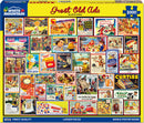 A colorful jigsaw puzzle box featuring the 'Great Old Ads' design with vintage advertisements from the mid-20th century. The puzzle image displays a vibrant collage of nostalgic ads, including food and beverage promotions, iconic brands, and classic products, showcasing a warm, retro aesthetic. The puzzle contains 1000 larger pieces for an enjoyable assembly experience, and a bonus poster is included in the package.