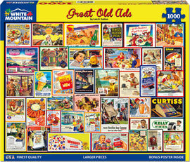 A colorful jigsaw puzzle box featuring the 'Great Old Ads' design with vintage advertisements from the mid-20th century. The puzzle image displays a vibrant collage of nostalgic ads, including food and beverage promotions, iconic brands, and classic products, showcasing a warm, retro aesthetic. The puzzle contains 1000 larger pieces for an enjoyable assembly experience, and a bonus poster is included in the package.