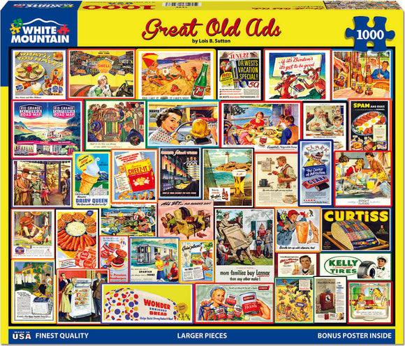 A colorful jigsaw puzzle box featuring the 'Great Old Ads' design with vintage advertisements from the mid-20th century. The puzzle image displays a vibrant collage of nostalgic ads, including food and beverage promotions, iconic brands, and classic products, showcasing a warm, retro aesthetic. The puzzle contains 1000 larger pieces for an enjoyable assembly experience, and a bonus poster is included in the package.