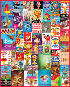 A vibrant collage of vintage ice cream advertisements and posters, featuring various delicious ice cream treats like cones, sundaes, and popsicles. The design showcases a range of colorful designs with playful fonts and retro illustrations, inviting ice cream lovers to reminisce and enjoy the sweet delights of summer.