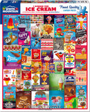 A colorful jigsaw puzzle titled 'I Scream for Ice Cream' by White Mountain Puzzles. The image features a collage of vintage ice cream advertisements, showcasing various flavors and brands like Blue Bunny, Klondike, and Gelato. The artwork is vibrant, filled with images of ice cream cones, sundaes, and nostalgic marketing, perfect for ice cream lovers and puzzle enthusiasts.