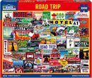 A colorful jigsaw puzzle titled 'Road Trip' by White Mountain Puzzles featuring a collage of vintage travel signs, iconic landmarks, and nostalgic motels from across the United States. The 1000-piece puzzle showcases various popular destinations such as Los Angeles, Las Vegas, and Boston, along with fun travel-themed illustrations and graphics. The puzzle is designed for family entertainment and leisure activities.