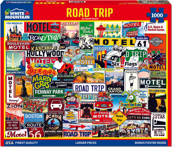 A colorful jigsaw puzzle titled 'Road Trip' by White Mountain Puzzles featuring a collage of vintage travel signs, iconic landmarks, and nostalgic motels from across the United States. The 1000-piece puzzle showcases various popular destinations such as Los Angeles, Las Vegas, and Boston, along with fun travel-themed illustrations and graphics. The puzzle is designed for family entertainment and leisure activities.