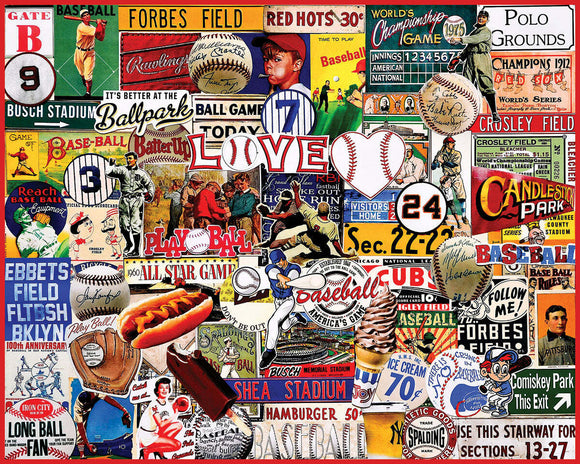 I Love Baseball Jigsaw Puzzle by White Mountain Puzzles featuring a vibrant collage of vintage baseball memorabilia, including stadiums, players, and iconic baseball imagery. Perfect for baseball fans and puzzle enthusiasts.