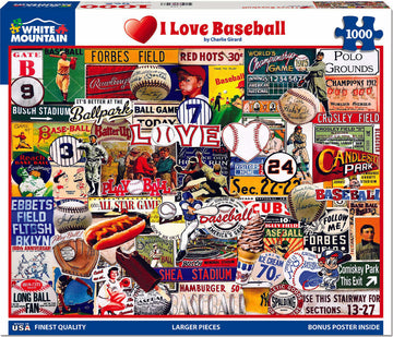 The I Love Baseball Jigsaw Puzzle from White Mountain Puzzles features a vibrant collage of baseball-themed illustrations, vintage advertisements, and iconic symbols. This 1000-piece puzzle showcases famous ballparks, historic baseball memorabilia, and nostalgic imagery, making it a perfect gift for baseball fans and puzzle enthusiasts alike.