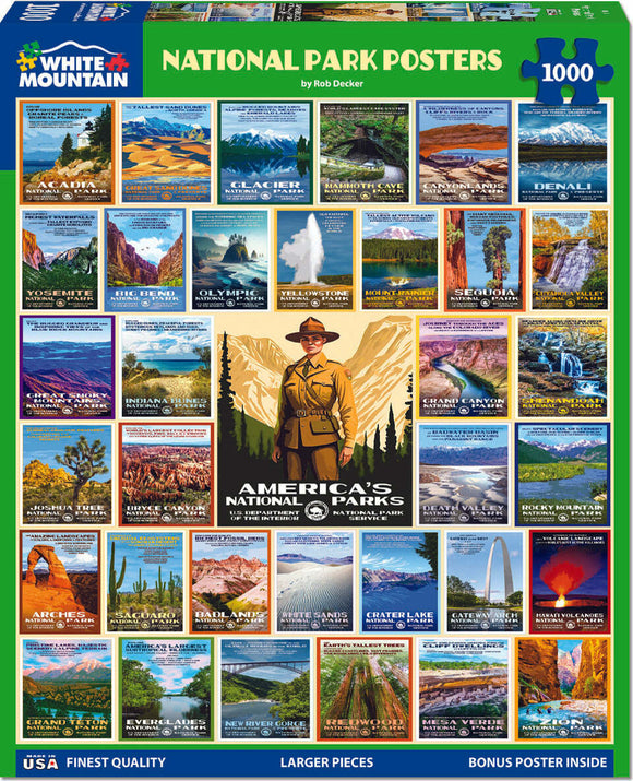 White Mountain Puzzles National Park Posters jigsaw puzzle featuring 1000 pieces. The puzzle displays vibrant artwork of various national parks, including iconic sights and landscapes, along with a central image of a park ranger, highlighting America's natural beauty.