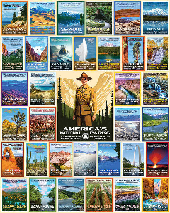 A colorful collage of vintage-style posters representing America's national parks, showcasing various landscapes and park features with a park ranger in a central position. Includes iconic locations like Yosemite, Grand Canyon, and Yellowstone, highlighting the beauty of nature across the United States.