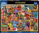 The Potpourri jigsaw puzzle by White Mountain Puzzles features a vibrant collage of retro signs, colorful advertisements, and nostalgic imagery, showcasing iconic American culture. It comes with 1000 larger pieces and includes a bonus poster for reference.