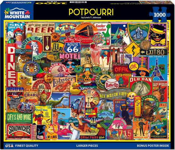The Potpourri jigsaw puzzle by White Mountain Puzzles features a vibrant collage of retro signs, colorful advertisements, and nostalgic imagery, showcasing iconic American culture. It comes with 1000 larger pieces and includes a bonus poster for reference.