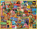 A vibrant jigsaw puzzle featuring a collage of colorful vintage advertisements and signs. The design includes images of a diner, Route 66, tropical themes, and various humorous slogans, evoking a nostalgic atmosphere.